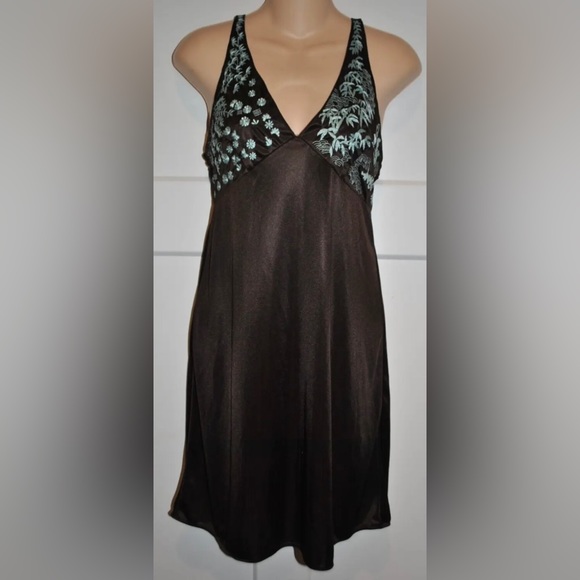 CRUZ NATORI Nightgown Brown Polyester Satin Embroidered Lingerie Slip Gown M - Picture 1 of 4